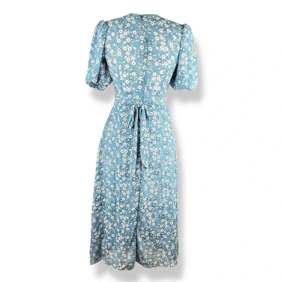 Red Valentino Blue Floral Midi Dress Womens Size Small Peasant Milkmaid Prairie
